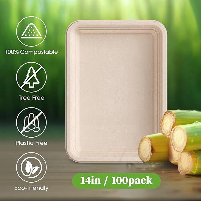 ECOLipak 100 Pack 14 Inch Disposable Food Crawfish Trays, Compostable Large Paper Plates, Disposable Thanksgiving Trays for Serving Food, Turkey, BBQ, Seafood Boil Party Supplies(Nature)