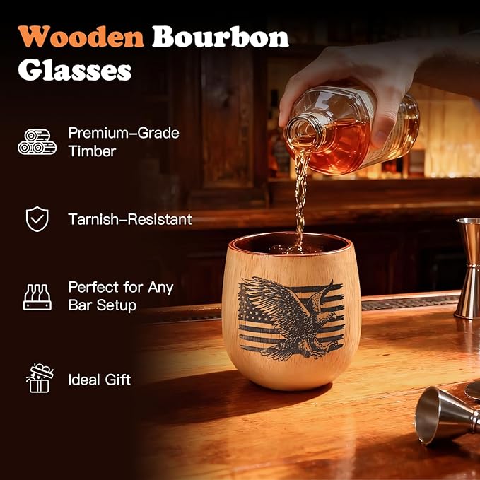 Original Oak Charred Whiskey Glass - Handcrafted Engraved Oak Whiskey Tumbler, Unbreakable Old Fashioned Glass, Unique Wooden Bourbon Drinking Glass for Men