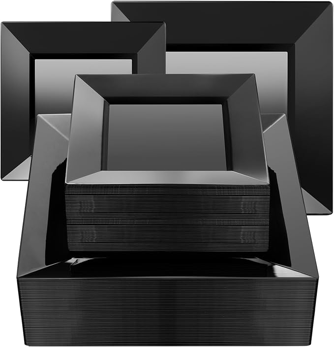 Goodluck 100 Black Pack Disposable Square Plastic Plates, Heavy Duty 50 Dinner Plates 9.5" and 50 Dessert Plates 6.5", Fancy Disposable Plates for Wedding, Holiday Party, Birthday, Halloween