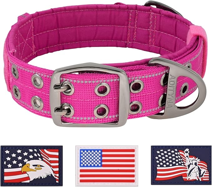 ADITYNA Heavy Duty Dog Collar for Extra-Large Dogs - Reflective Magenta Collar with Handle for Training, and Walking - Wide, Thick, Tactical, Soft Neoprene Padded