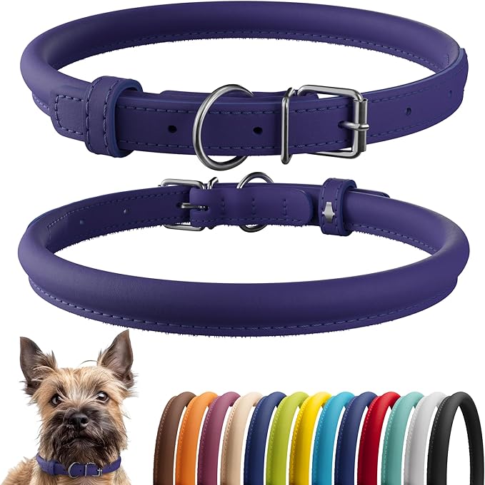 CollarDirect Rolled Leather Dog Collar, Soft Padded Round Puppy Collar, Handmade Genuine Leather Collar Dog Small Large Cat Collars 13 Colors (6 Inch, Purple Smooth)