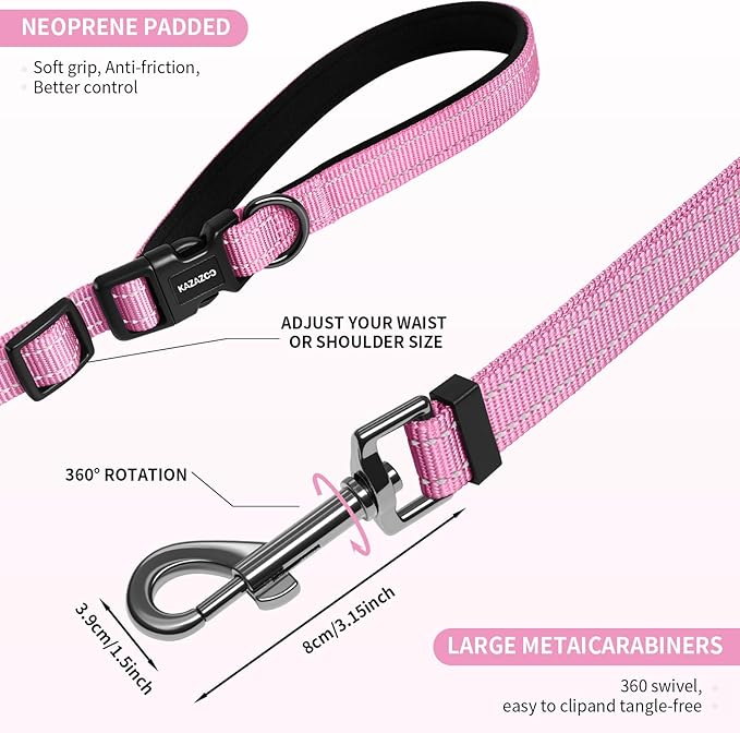 Kazazoo Hands-Free Dog Leash Adjustable Length 5-8 Ft, Waist for Dog Walking, Running for Small &Medium Dogs with Reflective Strips, Ballistic Nylon, Waist Belt, Lightweight Pink