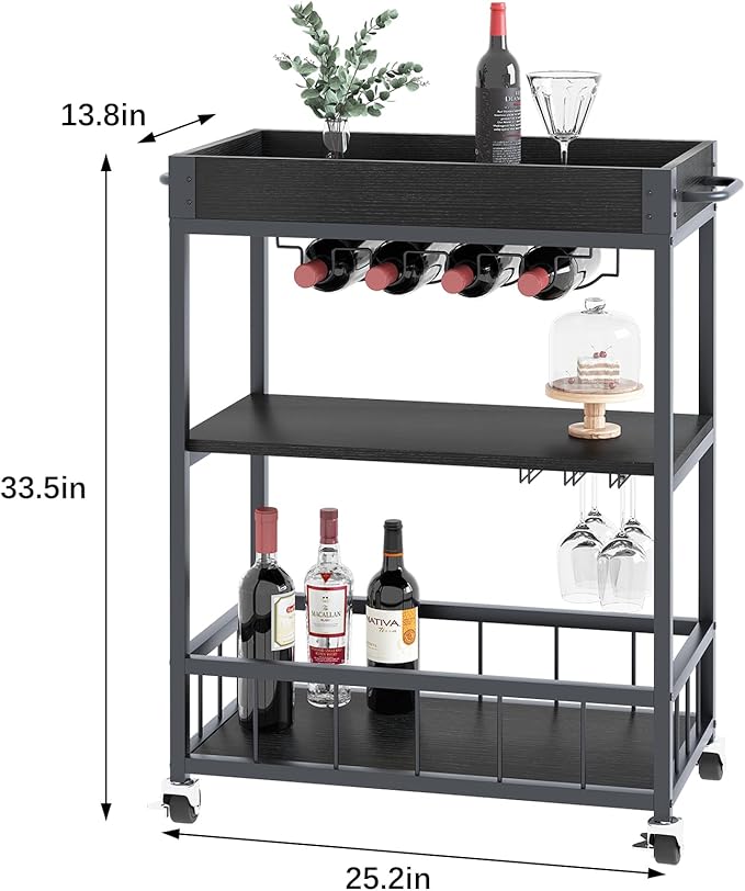 Bar Cart Serving Wine 3 Tier Home Rolling Rack with Wheels Mobile Kitchen Industrial Vintage Style Wood Metal Serving Trolley Serving Cart, Drink Cart for Living Room Kitchen