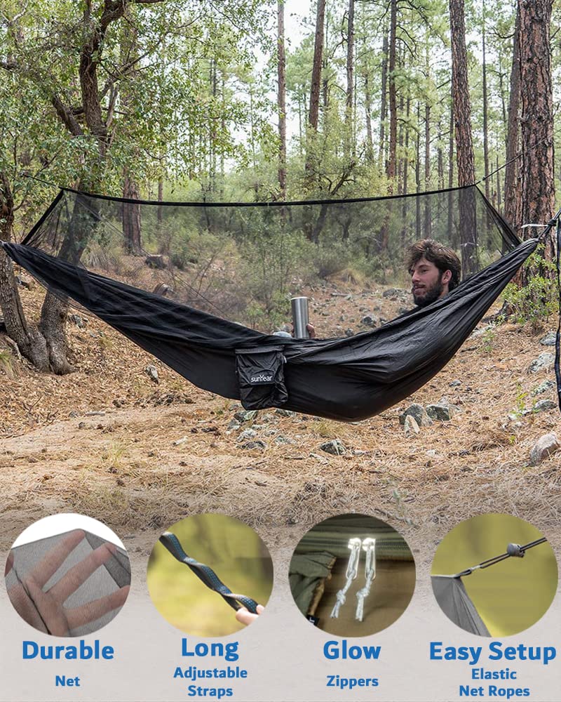 Sunyear Hammock Camping with Rain Fly Tarp and Net, Portable Camping Hammock Double Tree Hammock Outdoor Indoor Backpacking Travel & Survival, 2 Tree Straps,100% Waterproof Black Bundle