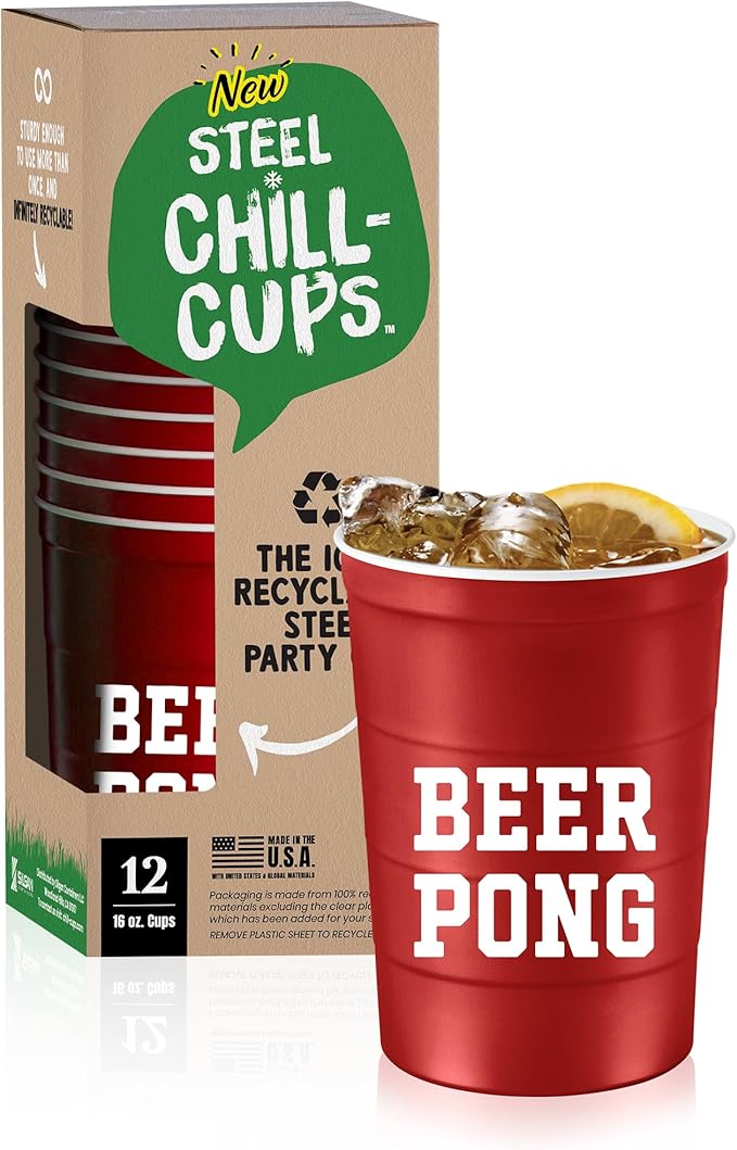16 oz. Party Cup 'Beer Pong' Drinking Game Design for Cold Drinks, Sturdy, Durable, Disposable, Recyclable, Made in USA, Red 12 Count