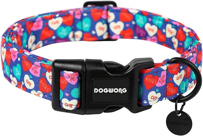 DOGWONG Valentine's Dog Collar - Blue Heart Chocolate, Multicolor - Small, Soft Cotton - Perfect for Small Dogs