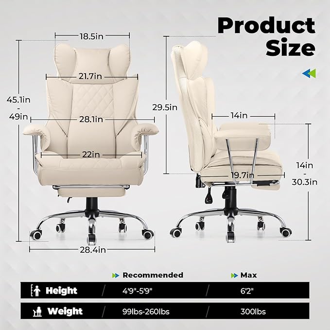 COMHOMA Big and Tall Office Chair, High Back Leather Gaming Chair with Footrest, Executive Ergonomic Office Chairs with Pocket Spring Lumbar Support and with Outward Fixed Soft Armrests