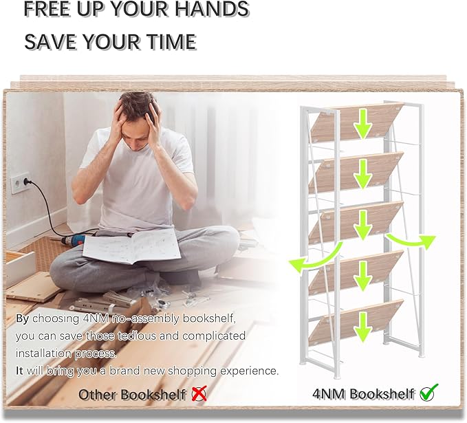 4NM No Assembly Folding Bookshelf, 5-Shelf 62.2" H Collapsible Foldable Bookcase Storage for Small Spaces, Natural White
