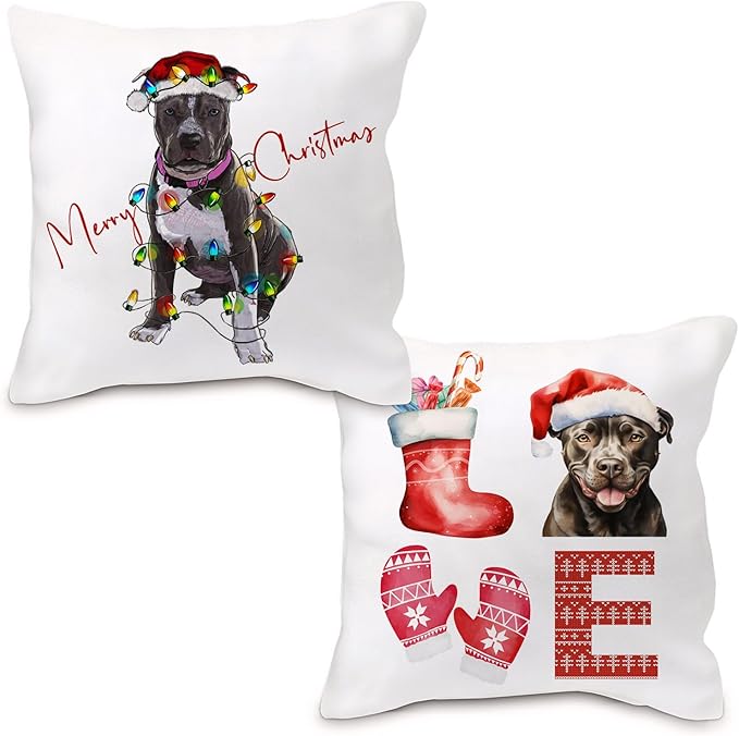 Pitbull Christmas Pillow Covers 18x18, Gifts for Pitbull Lovers Women, Mom Gifts, Merry Christmas Xmas Pillow Covers, Living Room Bedroom Decor, Set of 2
