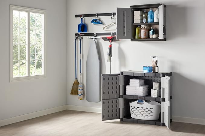 Rubbermaid Wall Mounted Storage Cabinet with Doors 150-Pound Capacity Gray Lockable Three-Shelf Cubbard for Tools/Car Accessories/Cleaning in Home/Garage/Outdoor Areas