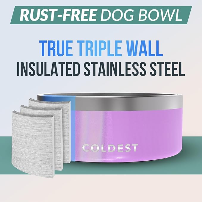 Coldest Dog Bowl - Anti Rust Metal, Non Slip, 3 Layers Insulated Stainless Steel Dog Bowls - Spill Proof & Heavy Duty - Water Bowl for Dogs, Cats, Dish Washer Safe (100 oz, Saturns Purple Glitter)