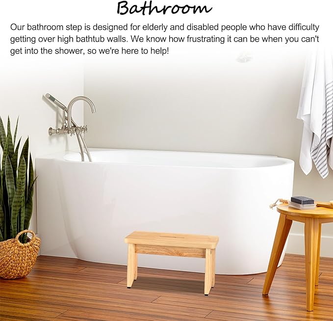 One Step Stool for Adults Seniors, 9" Heavy Duty Wooden Stepping Stools with 550 LBS Capacity for Bedroom Kitchen Bathroom, Bed Steps for High Beds, Bedside Support