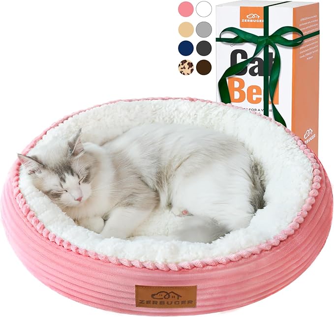20in Washable Cat Beds for Indoor Cats - Round Donut Pet Bed for Cats, Small Dogs, Puppy, Kitten - Anti-Slip Bottom, Calming Bed Gift - Pink