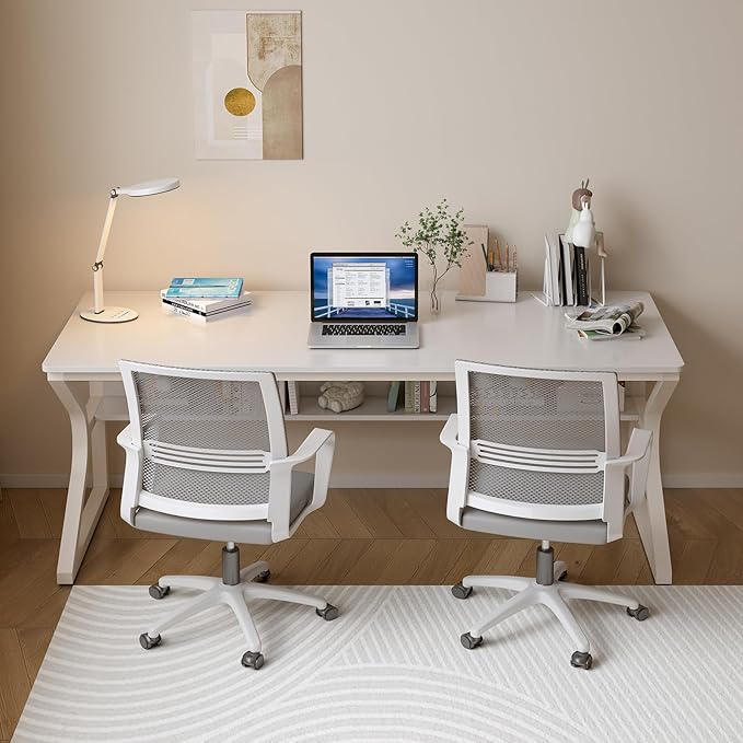Extra Long Desk with Bookshelf - 63" Double Long Writing Table for 2-Person Workstation, Modern Study Work Computer Desk for Home and Office, Warm White