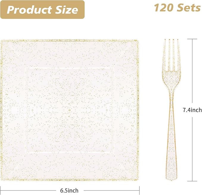 Goodluck 240PCS 6.5" Square Gold Glitter Dessert Plastic Plates with 7.4" Forks, Gold Appetizer Plates for 120 Guests, Including 120 Disposable Cake Plastic Plates and 120 Forks for Wedding/Birthday