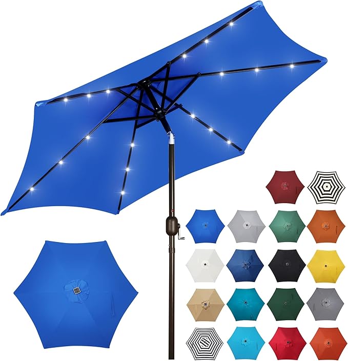Blissun 7.5 ft Solar Umbrella, 18 LED Lighted Patio Umbrella, Table Market Umbrella