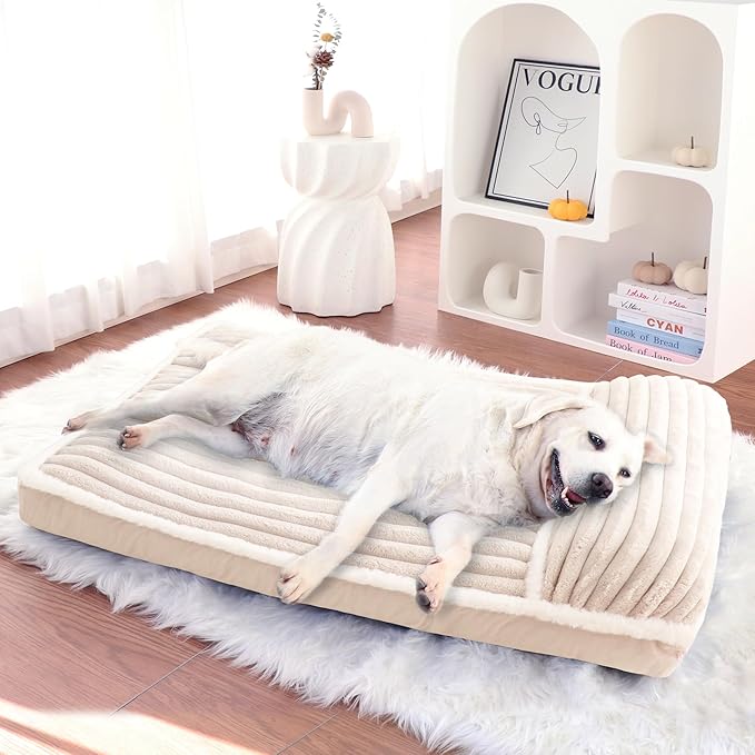 Luxury Dog Bed with Pillow Cute Flannel Pet Bed with Removable Washable Cover & Anti-Slip Bottom, Fluffy Dog Mat for Crate Kennel (Cream, XX-Large(46x30x4in))