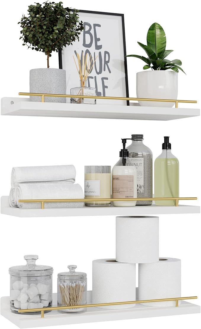 WOPITUES Floating Shelves with Gold Metal Guardrail, Shelves for Wall Decor Set of 3, Wall Shelves for Bedroom, Bathroom, Kitchen, Living Room, Plants, Picture Frames, Art- White and Gold