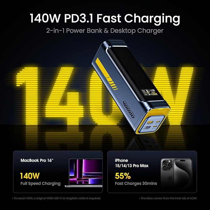 AOHI 140W PD3.1 Laptop Power Bank 40000mAh Fast Charging Station, The Future Starship 2 in 1 Camping Large Portable Charger for MacBook Pro/Air, iPad Pro, iPhone 16 Pro Max,Galaxy,Steam Deck, Grey