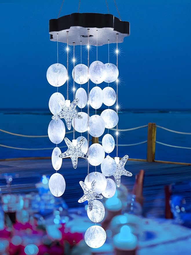 Toodour Solar Wind Chimes for Outside, Shells Light Gifts for Mom Grandma Women Wife Girls, Waterproof Solar Outdoor Decorative Mobile Light for Holiday Garden Porch Yard Window Outdoor Decor (White)