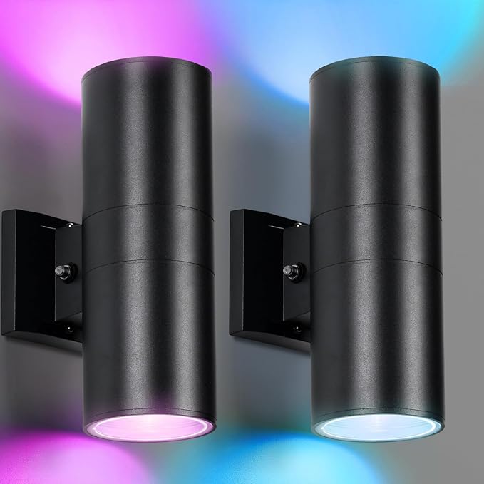 RGBCW Outdoor Wall Light 2 Pack, Smart Porch Light Dusk to Dawn Lighting with Remote Control, WiFi Outdoor Wall Sconce, Compatible with Alexa, Exterior Lights for House Porch Garage