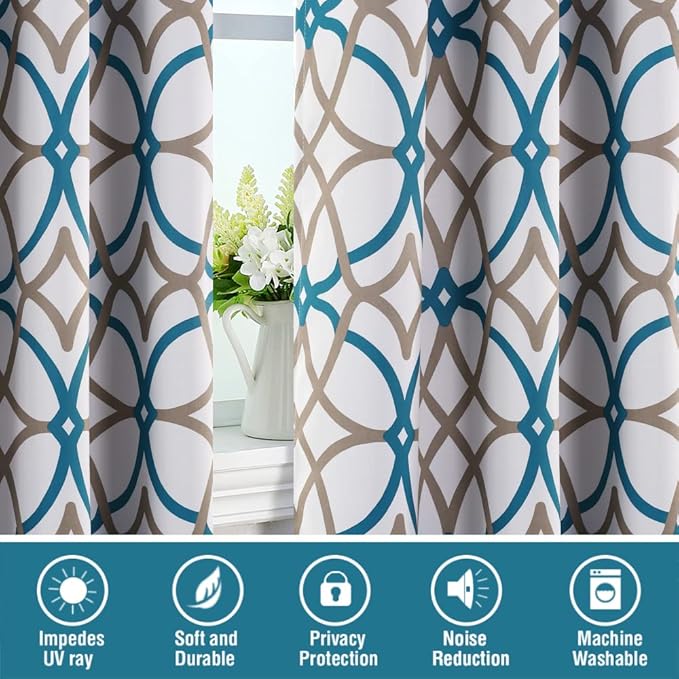 H.VERSAILTEX Blackout Curtains Printed Design 63 Inch Length 2 Panels Set Thermal Insulated Curtains for Bedroom Living Room Geometric Modern Grommet Window Drapes - Teal and Taupe