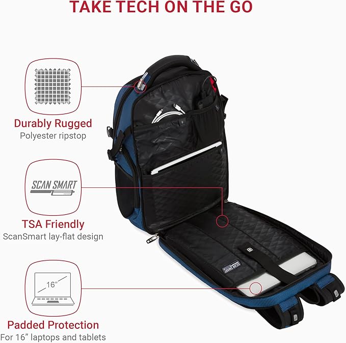 SwissGear Travel Tech Elite Laptop Backpack – Fits Laptops up to 16” – ScanSmart TSA-Friendly Backpack with USB Port, Shoe Compartment & Organizer Pockets – Blue/Black