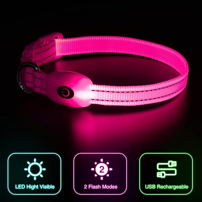 YFbrite Light up Dog Collars for Night Walking, Rechargeable LED Cat Collar, Comfortable Adjustable Lighted Dog Collar Rechargable for Cats, Small, Medium and Large Dogs (Pink, XS)
