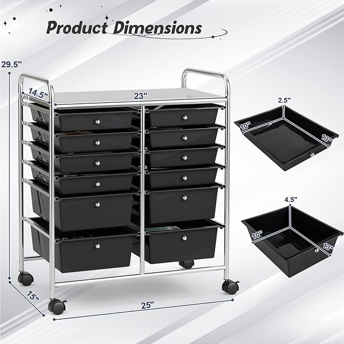 COSTWAY 12-Drawer Rolling Storage Cart, Moveable Art Craft Organizer W/Lockable Wheels, Metal Shelf, Files Arrangement Tools Makeup Storage Cart for Office, Home, School (Black)