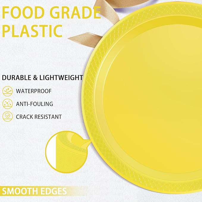 WELLIFE Yellow Party Plates 7 Inch -150 Count, Plastic Disposable Dessert Plates for Party Easter Mother's Day Cake Appetizers Salad Picnic BBQ
