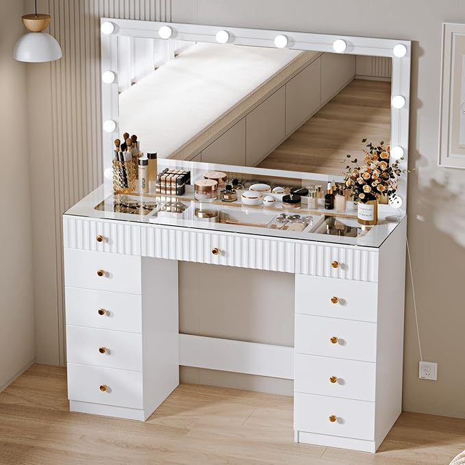 Fluted Makeup Vanity Desk with 46" HD Lighted Mirror,Big Modern Vanity Desk with Mirror and 12 LED Lights, Dressing Table with 11 Drawers, Glass Top for Bedroom,White