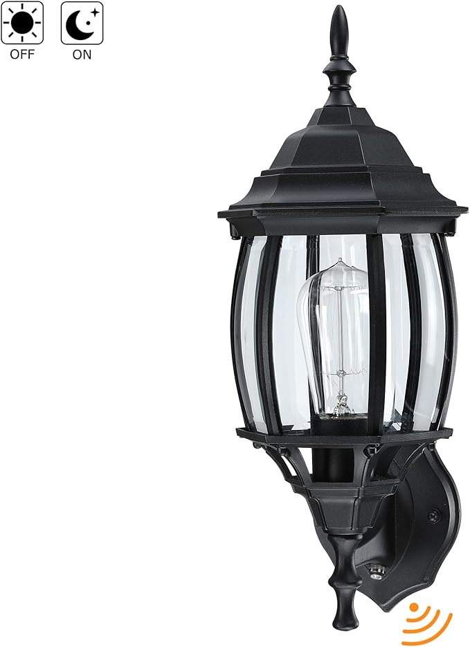 16.8 Inch Outdoor Porch Light Dusk to Dawn, Black Outside Lights for House Outdoor Exterior Wall Sconce with Dusk to Dawn Sensor, Black Wall Lantern for Porch Garage,Front Door,E26