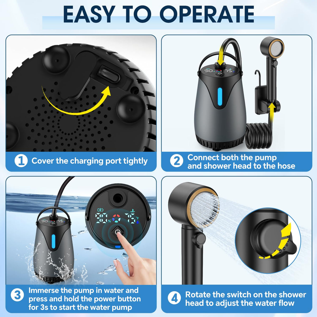Portable Shower for Camping, 8000mAh Rechargeable Camp Shower Pump, LED Display Temp & Power, 5 Pressure Settings, 4 Spray Modes (+Spray Gun), IPX8 Waterproof, Ideal for Outdoor, Beach, Pet, Car Wash
