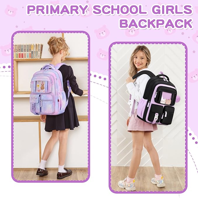 Kids Backpack for Girls School Bags for Middle School Students Book Bag for Elementary Primary Kawaii Ita Backpack, Black and Purple