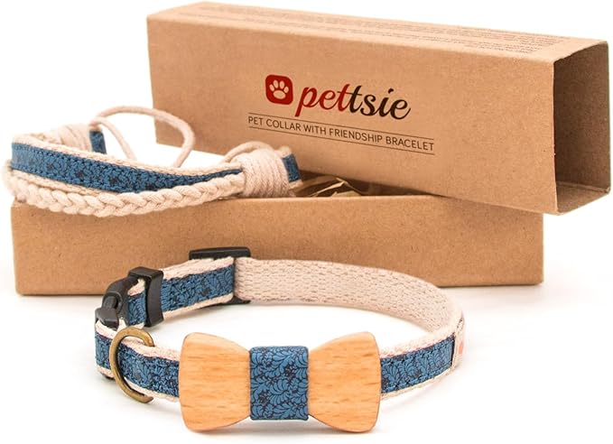 Pettsie Adjustable Dog Bow Tie Collar with Matching Owner Friendship Bracelet – Stylish & Durable Pet Accessory, Soft Hemp & Cotton, Secure D-Ring, Gift-Ready Set, XS, Blue