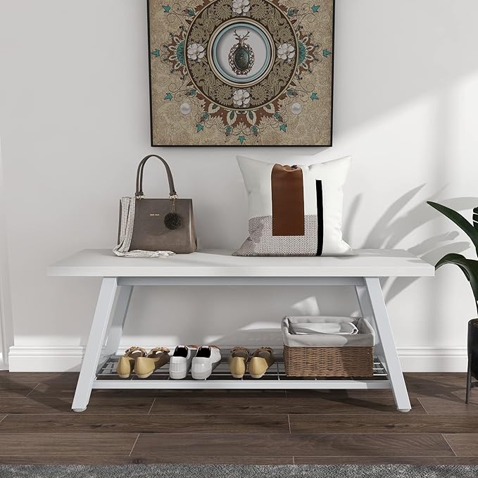 Industrial Entryway Bench Rustic Wood and Metal Storage Bench for Indoor Living Dining Room Bedroom Long Shoe Benches Seat (White)