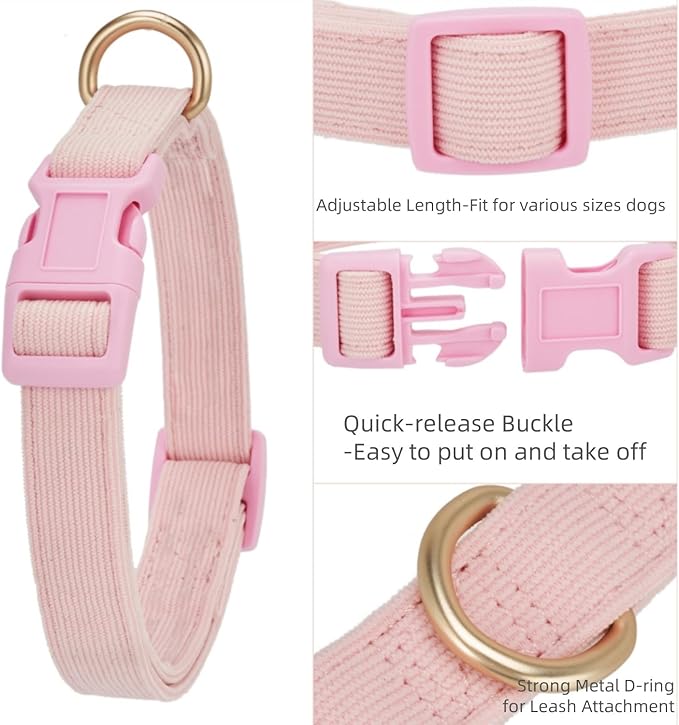 Soft Corduroy Fibric Dog Collar, Quick Side Release Buckle, for Large Dogs(Light Pink,Large:17-26")