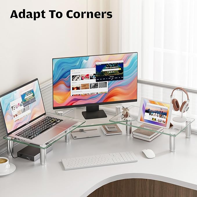 Hemudu Dual Monitor Stand -Adjustable Length and Angle Dual Monitor Riser, Desktop Organizer for PC, Computer, Laptop (Clear)