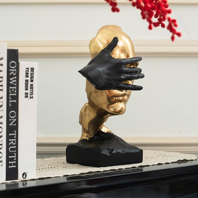 Thinker Statue-Silence is Gold-Abstract Art Figurine Decor - No Hear No See No Speak Modern Home Resin Sculptures Decorative Objects Decor for Home Office Bookshelf Desktop(12" H)