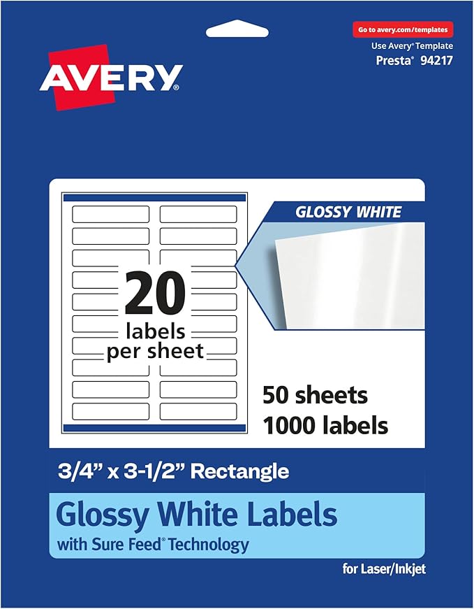 Avery Glossy White Rectangle Labels, Sure Feed Technology, 0.75" x 3.5", 1,000 Glossy White Labels, Print-to-The-Edge, Permanent Adhesive, Laser/Inkjet Printable