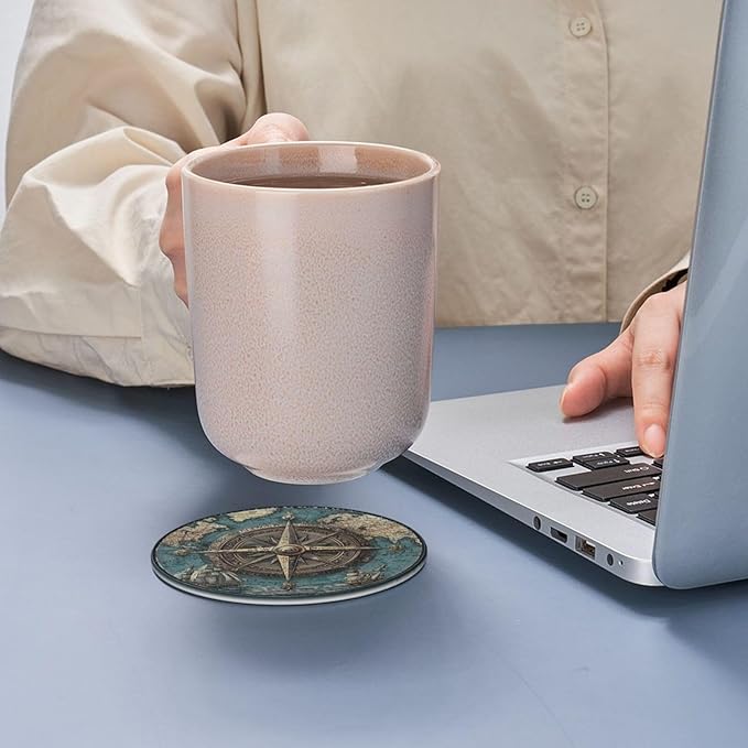 Nautical Compass Coasters for Drinks with Holder Round Leather Coasters Set of 6 Cups Mugs Mat Pad for Home Kitchen Bar