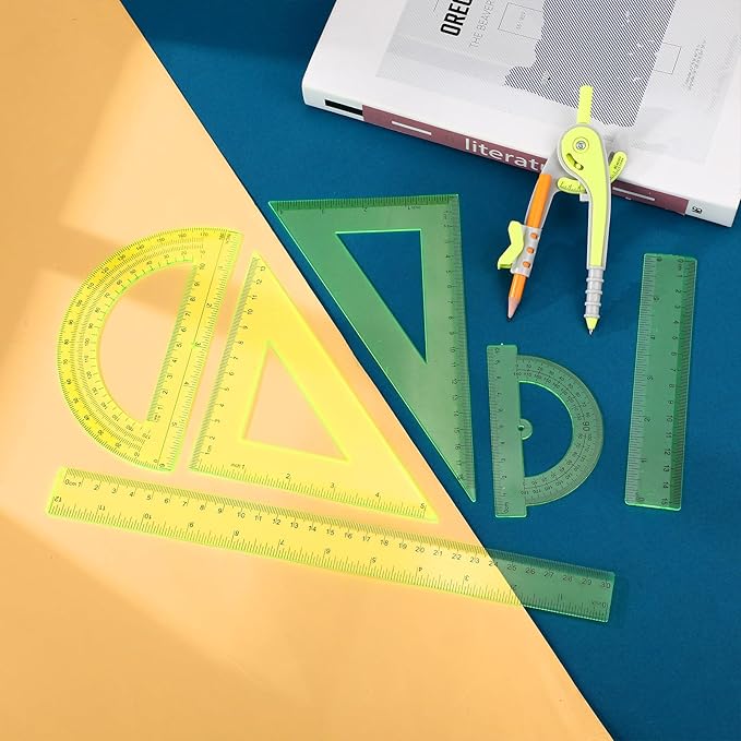 Zonon 1 Set Plastic Geometry Math Set 7 Pcs Includes 6'' / 4 '' Protractor, Drawing Compass, 45/60 Degree Triangle Rulers, 12'' / 6'' Math Ruler Transparent for Office Supplies(Yellow)