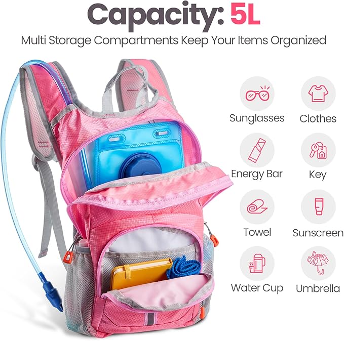 2 Pcs Kids Hydration Backpack with 1.5l Water Bladder Lightweight Kids Hiking Backpack Water Rucksack for Boys Girls Climbing Running