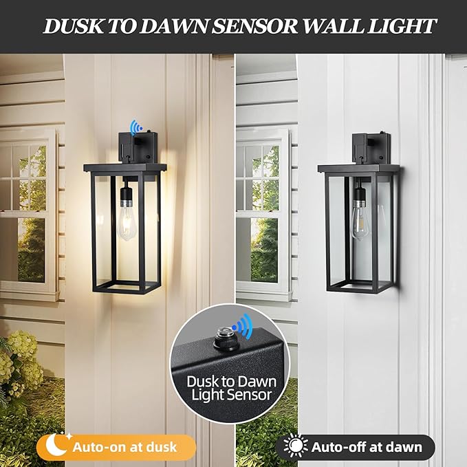 Large Exterior Lighting Fixtures Modern Wall Lantern,Outdoor Wall Lights with Clear Glass Shade,Outdoor Lamps for Patio Porch,Waterproof Outside Exterior Lights，Dusk to Dawn 20IN-2 Packs