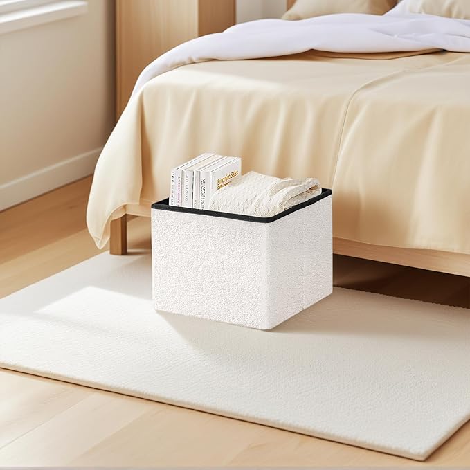 16.5 Folding Storage Ottoman Cube - Small Footrest with Sherpa Top, Multi-Functional Storage for Bedroom, Living Room,White