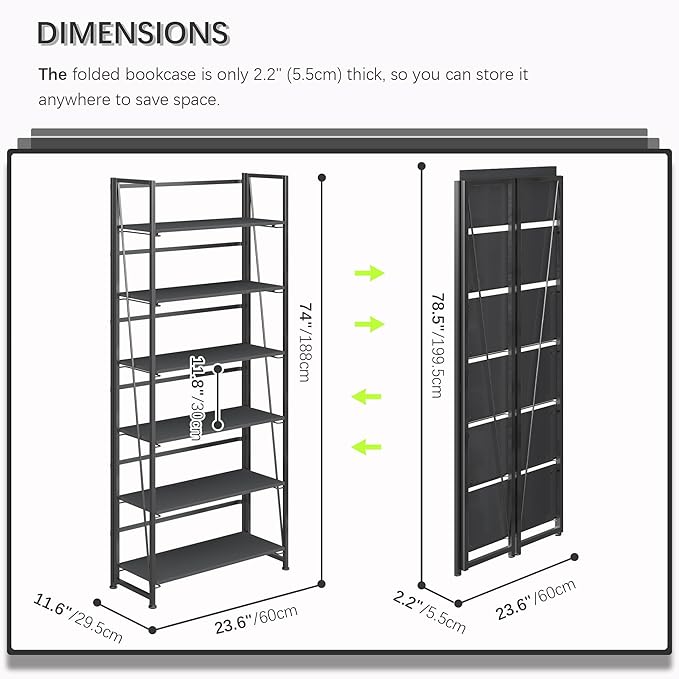 4NM No Assembly Folding Bookshelf, 6-Shelf 74" H Collapsible Foldable Bookcase Storage for Small Spaces, All Black