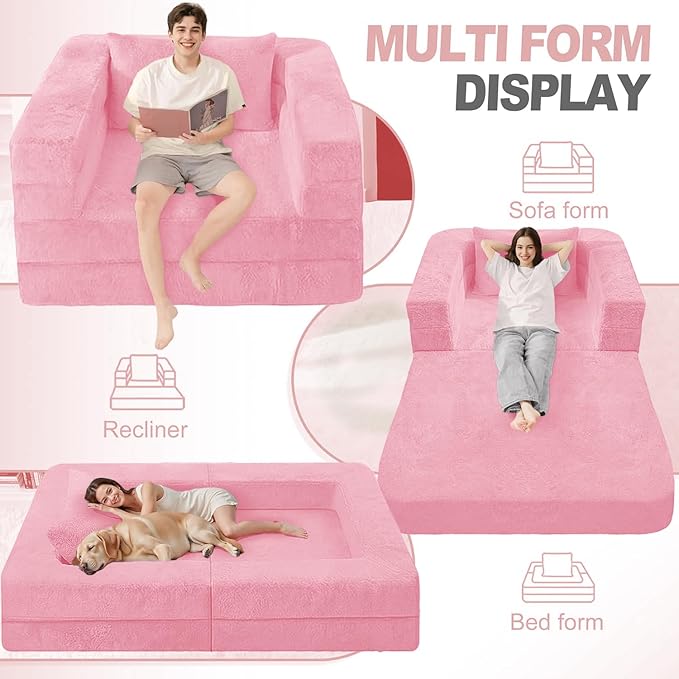 Futon Sofa Bed with Pillow, 3-in-1 Sleeper Sofa Bed with Removable Cover, Convertible Floor Sofa Bed, No Assembly Boneless Couch for Living Room, Bedroom