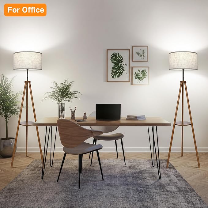 OUTON Wood Tripod Floor Lamp with Shelves, Mid Century LED Modern Dimmable Floor Lamp with Remote & Touch Control, Sturdy Tall Standing Lamp for Living Room, Bedroom, Office, Walnut