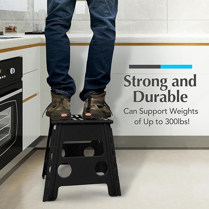 Handy Laundry Folding Lightweight Step Stool - Sturdy Enough to Support Adults and Safe Enough for Kids - Opens Easy with One Flip - Great for Kitchen, Bathroom or Bedroom (Black- 13 inch)