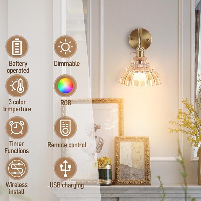 Vintage Battery Operated Wall Sconces Set Of Two, Indoor not Hardwired Brass Amber Glass Lampshade Fixtures,Rechargeable Wireless RGB Wall Lights with Dimmable Remote Control,for Bedroom Living Room
